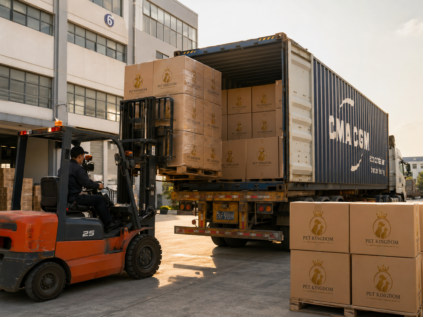 Palletized Pet Kingdom cartons loaded into an international shipping container