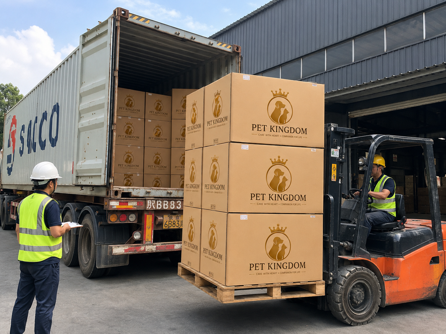 Pet Kingdom export cartons being loaded into a shipping container