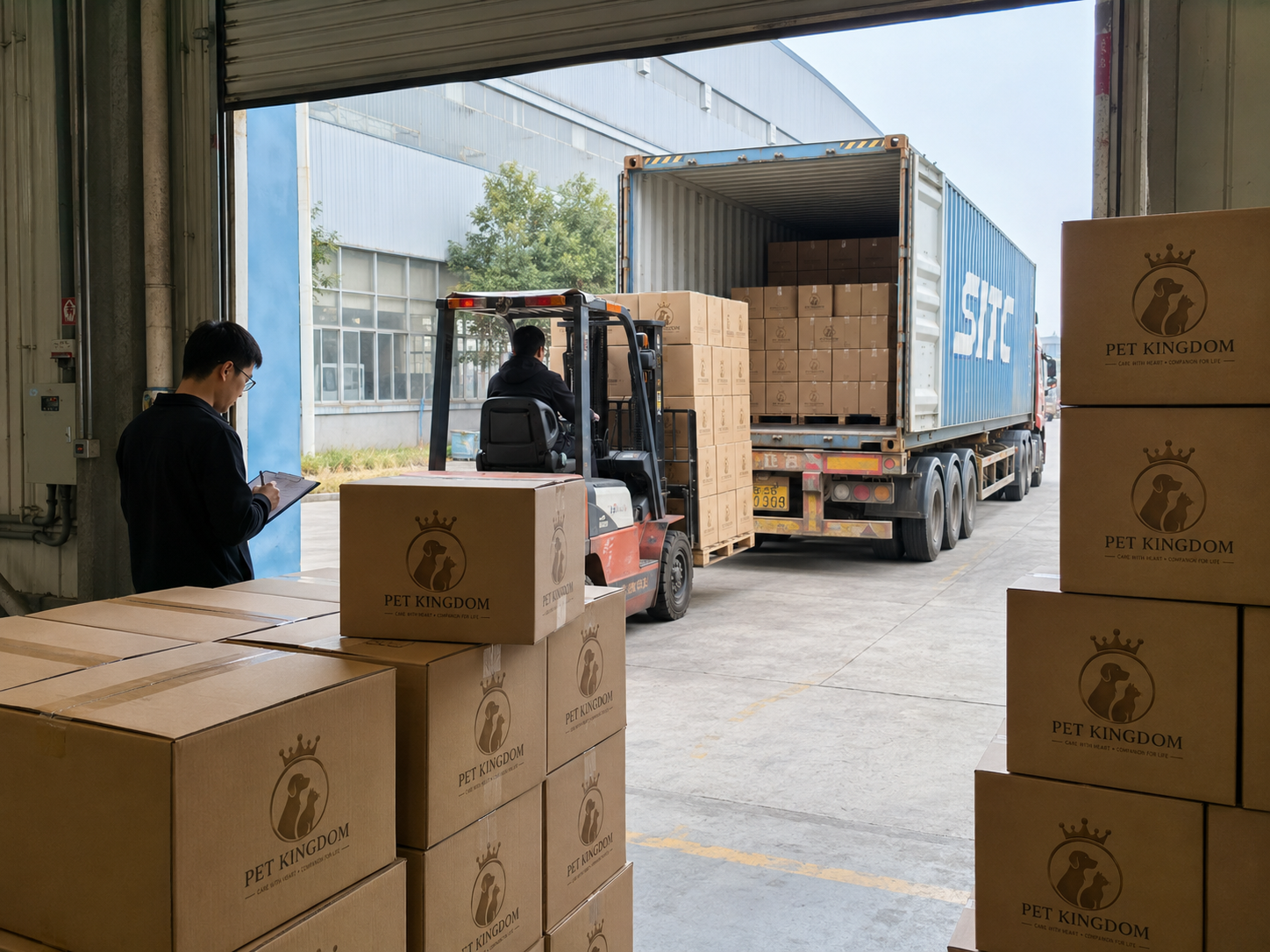 Forklift loading branded pet product cartons for export shipment