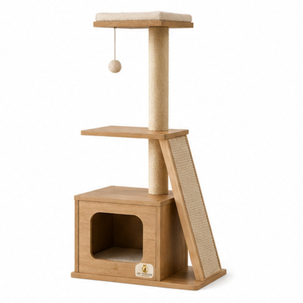 125cm Wooden Cat Tree with Condo and Sisal Scratch Ramp
