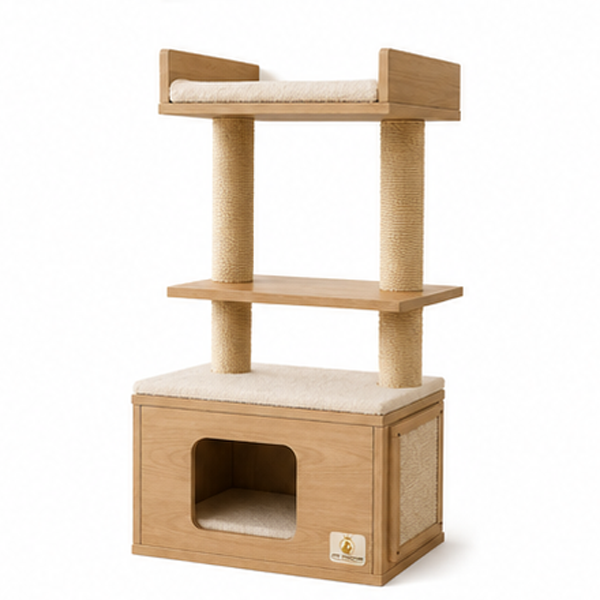 Modern Wooden Cat Tree with Condo & Twin Rest Platforms