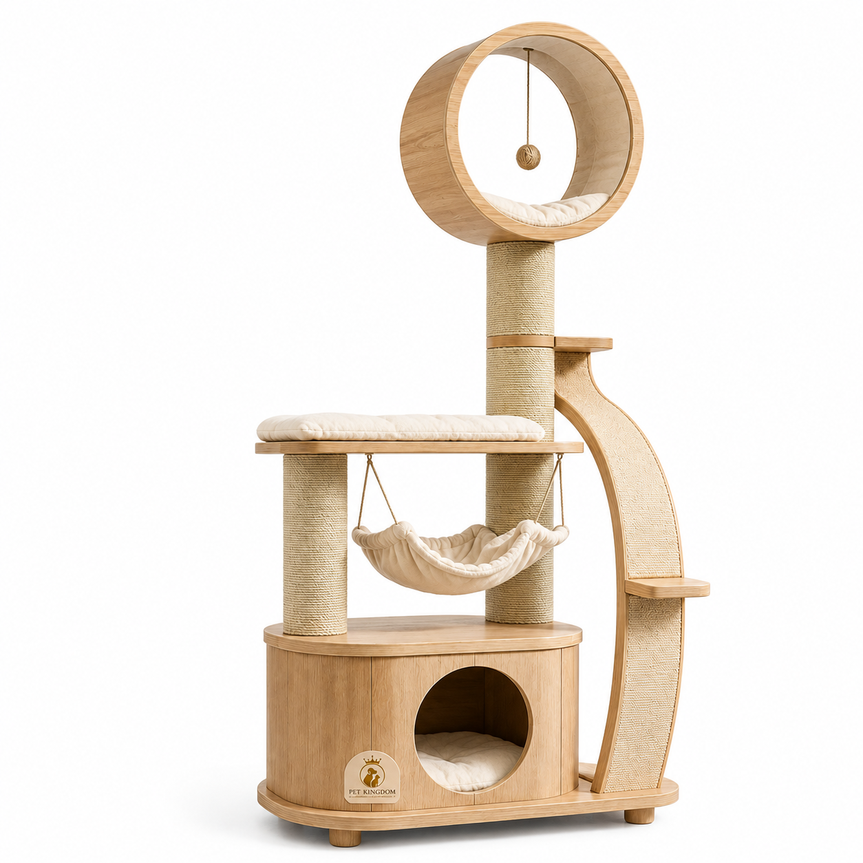 Aurora Loop Wooden Cat Tree with Hammock and Curved Scratching Ramp